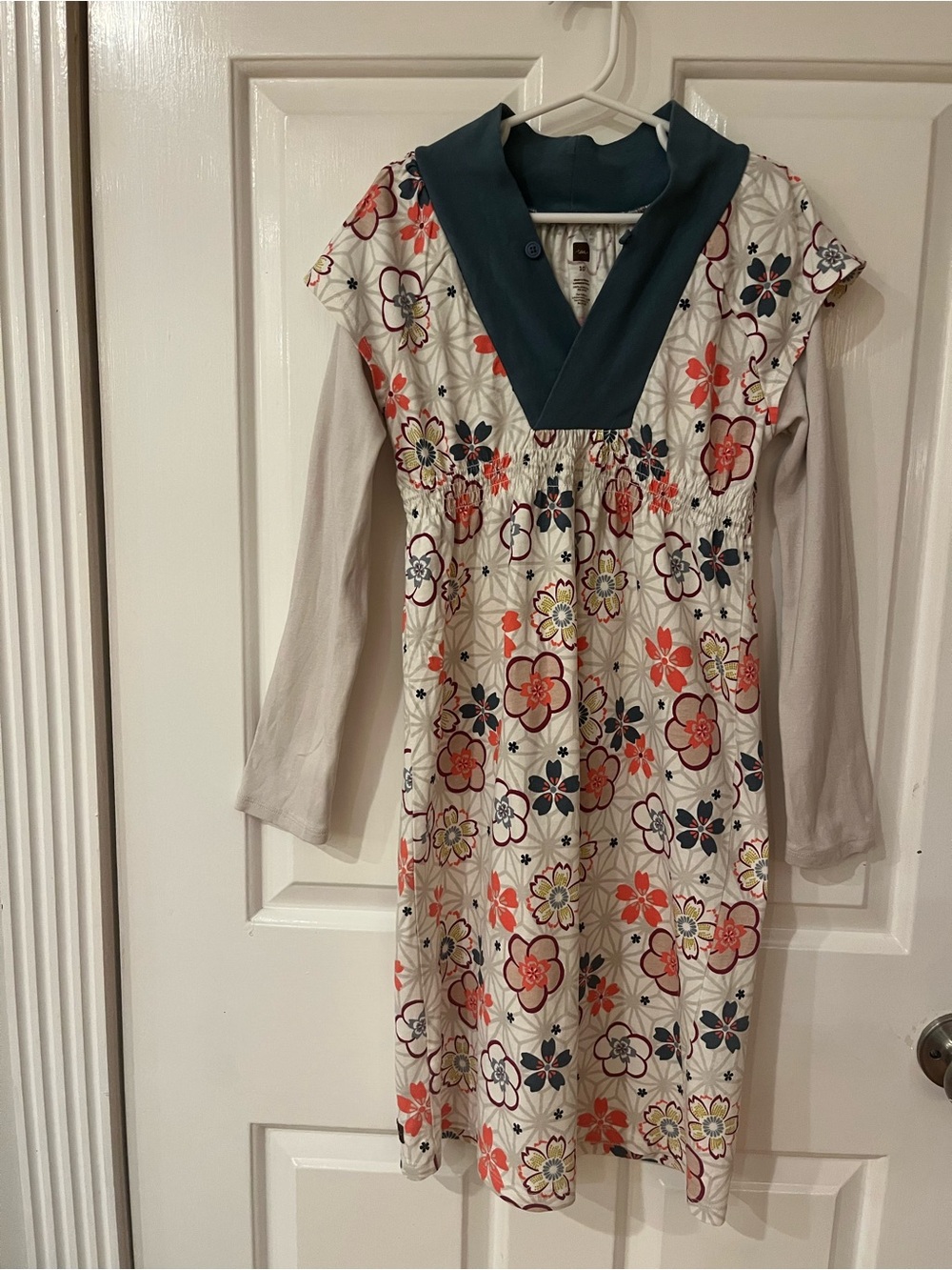 Tea Collection Cream Floral Casual Dress with Teal V-Neck